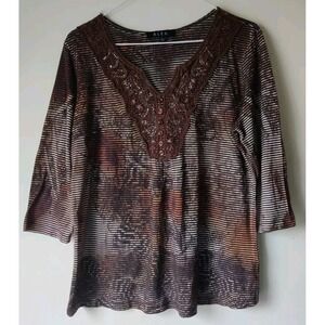 B.L.E.U. Woman 3/4 Sleeve Top Browns/Oranges Stripe Bejeweled‎ V-Neck Size Large